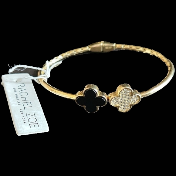Rachel Zoe Jewelry - Rachael Zoe black onyx and pave four clover gold stainless steel open culf brace